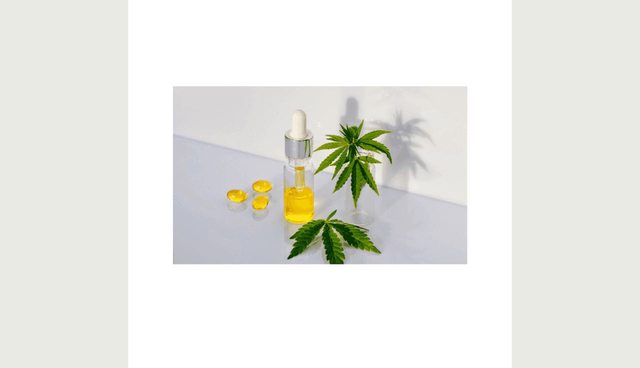 Foto von Cannabisblätter und Extrakten mit weißem Rahmen